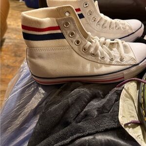 White High-Top Sneakers with Red and Blue Stripes